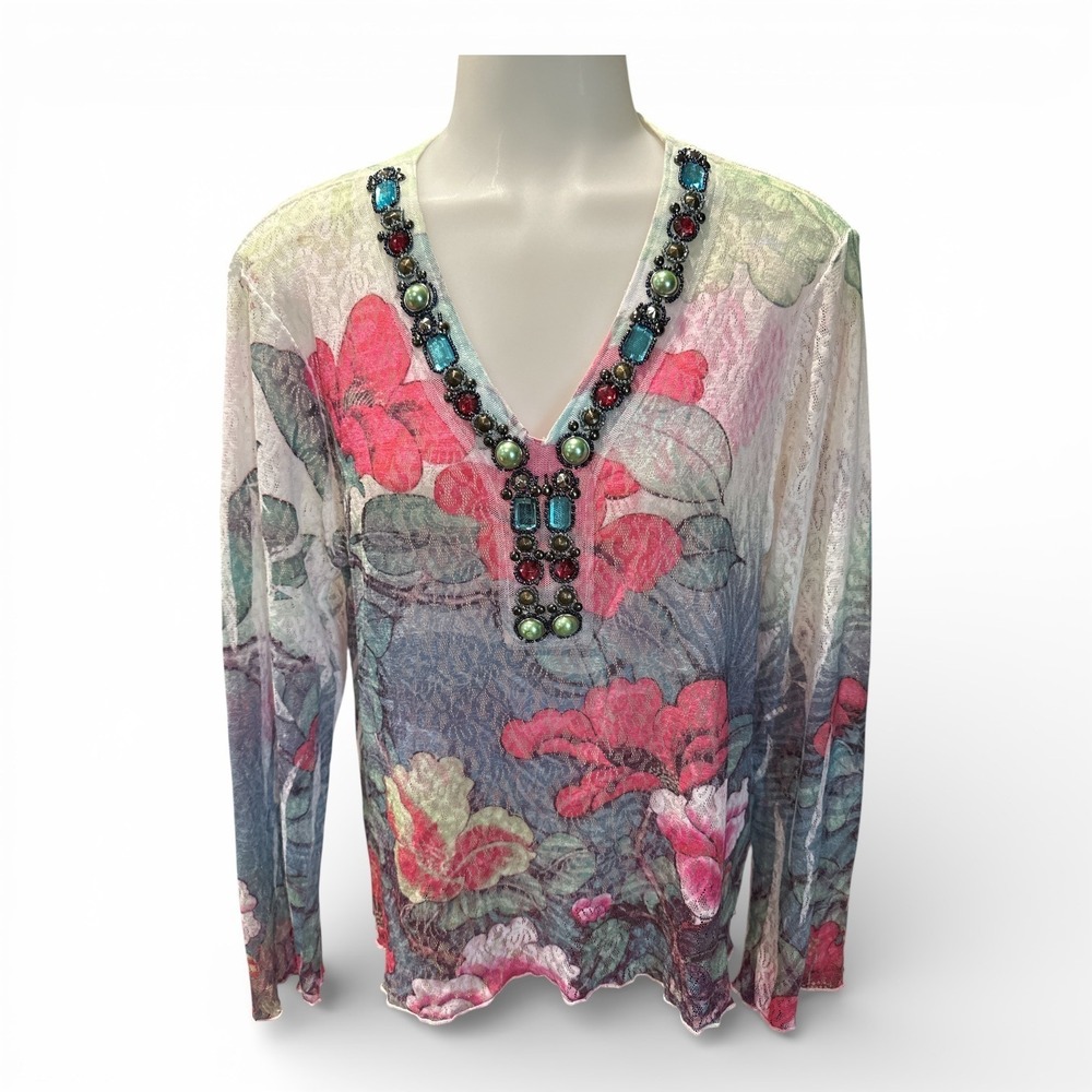 Boho David Cline PXL Floral Lace Mesh Embellished Top Petite XL Art to Wear USA